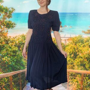 90s Blue Beaded Rayon Dress Vintage S India